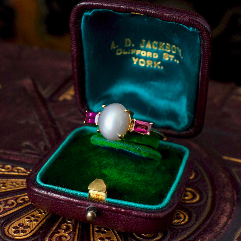 Modern Moonstone And Tourmaline 9ct Yellow Gold Ring Full British Hallmarks