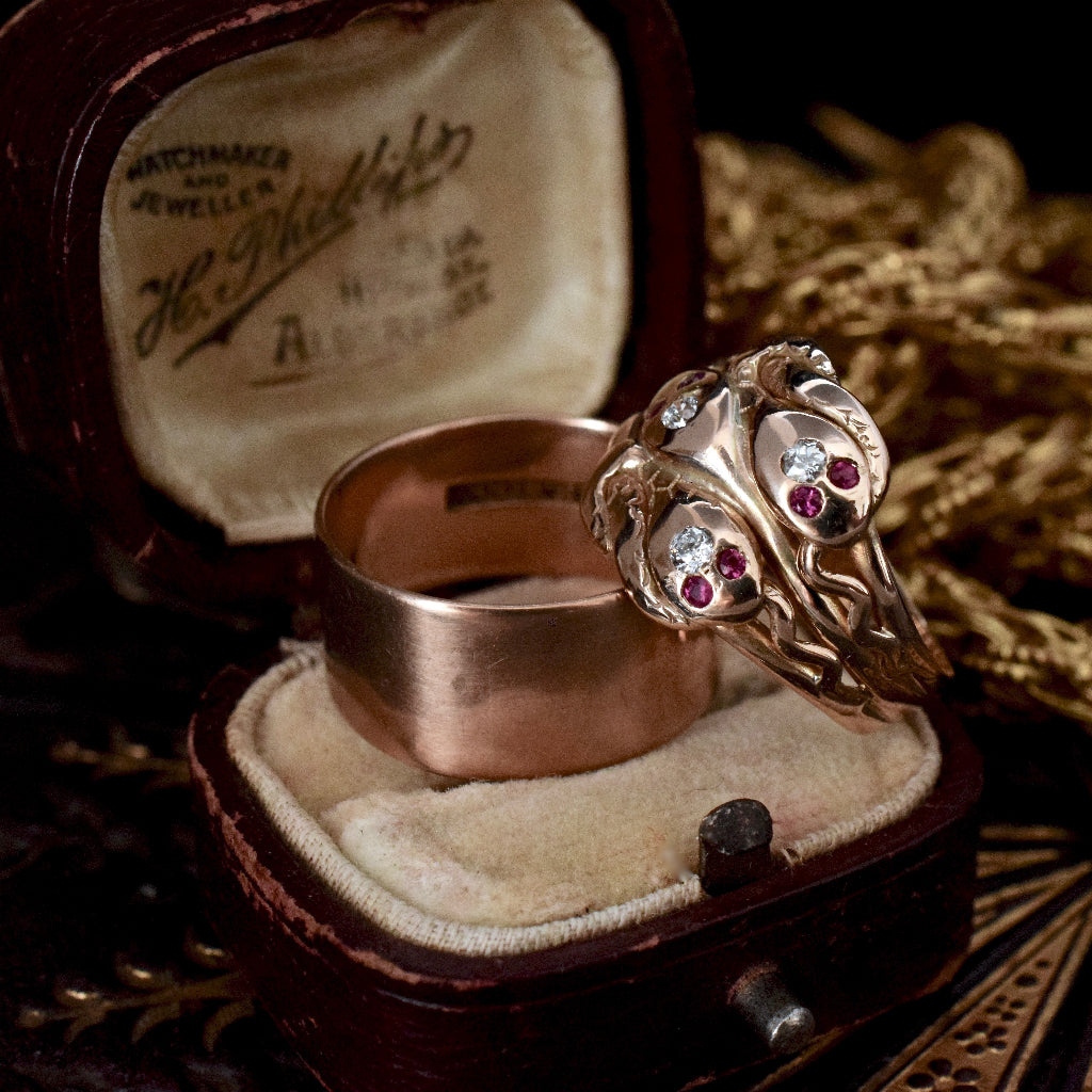 Antique Late Victorian / Art Nouveau 14ct Rose Gold Rare Triple Snake Ring