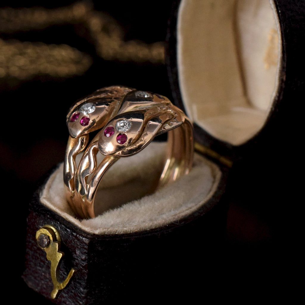 Antique Late Victorian / Art Nouveau 14ct Rose Gold Rare Triple Snake Ring
