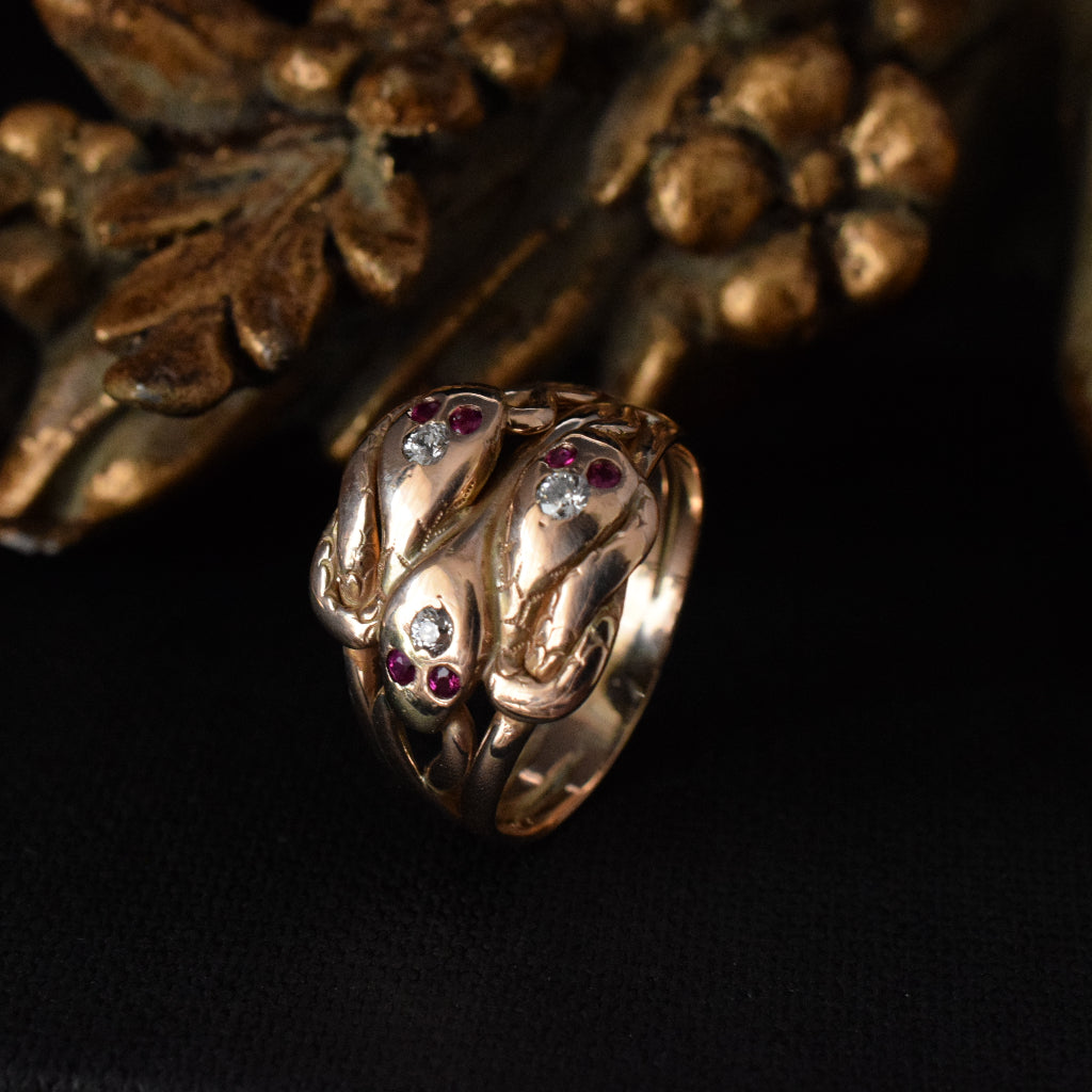 Antique Late Victorian / Art Nouveau 14ct Rose Gold Rare Triple Snake Ring
