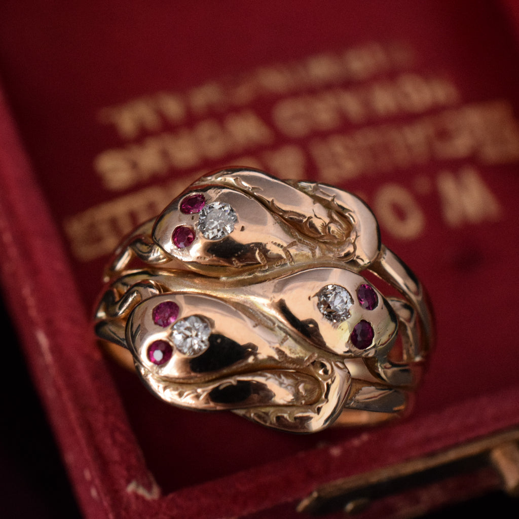 Antique Late Victorian / Art Nouveau 14ct Rose Gold Rare Triple Snake Ring