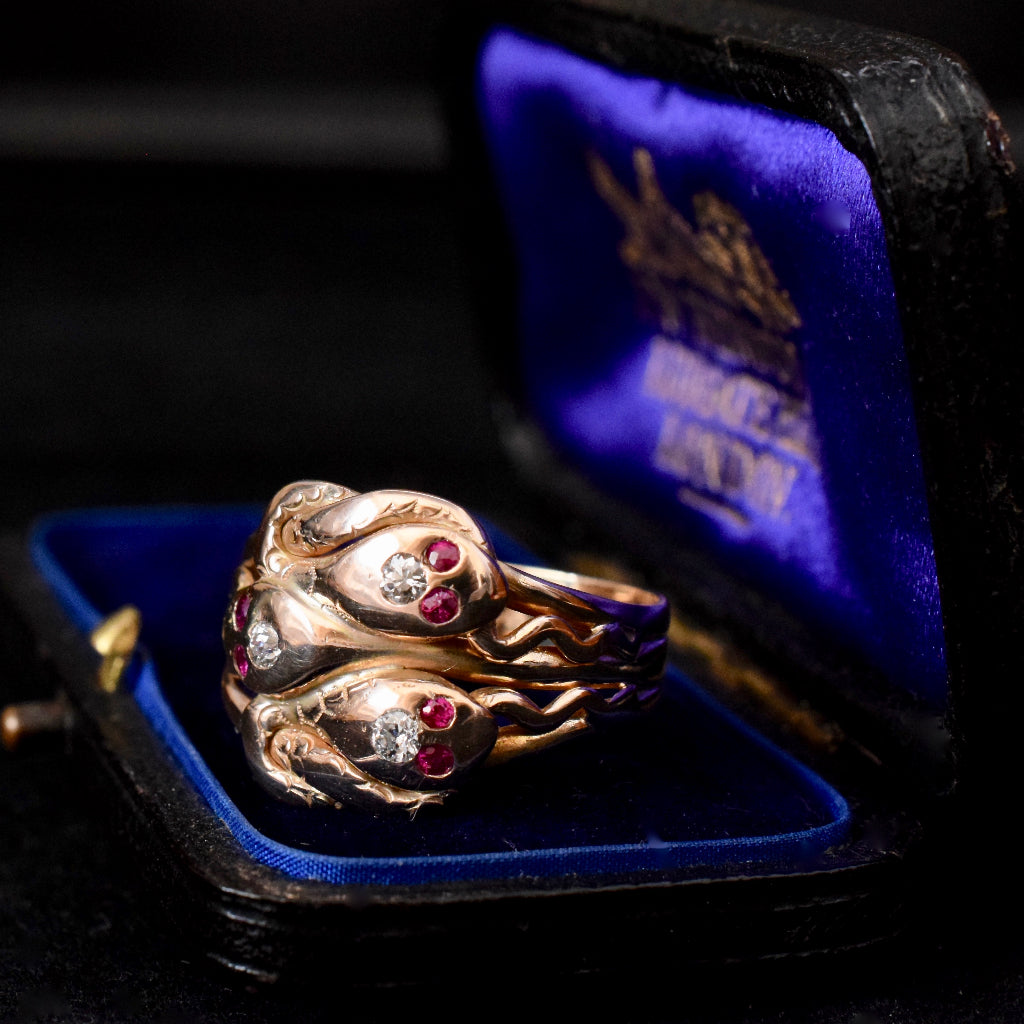Antique Late Victorian / Art Nouveau 14ct Rose Gold Rare Triple Snake Ring