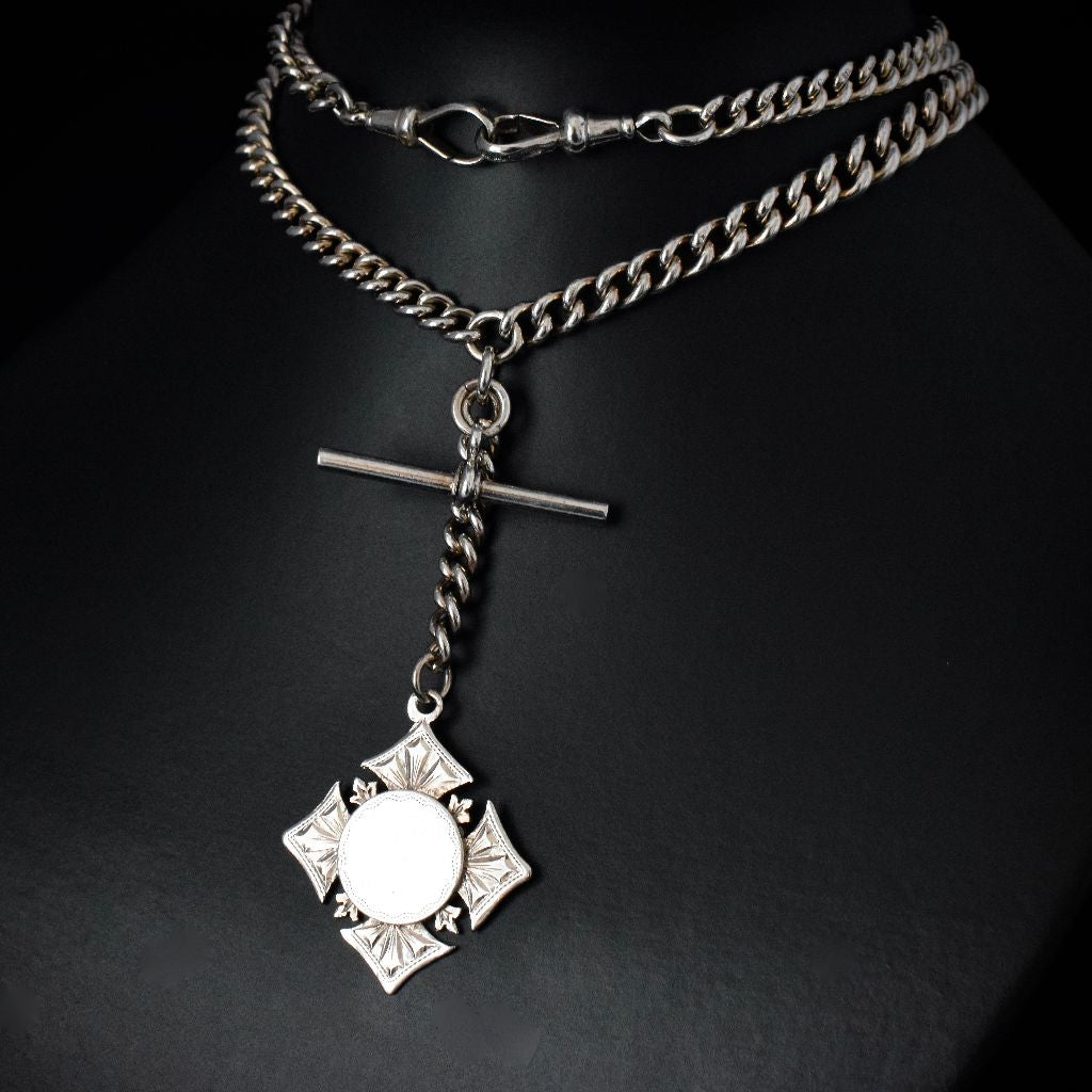 Antique Victorian Heavy 88.37g Sterling Silver Double Albert Chain 1900