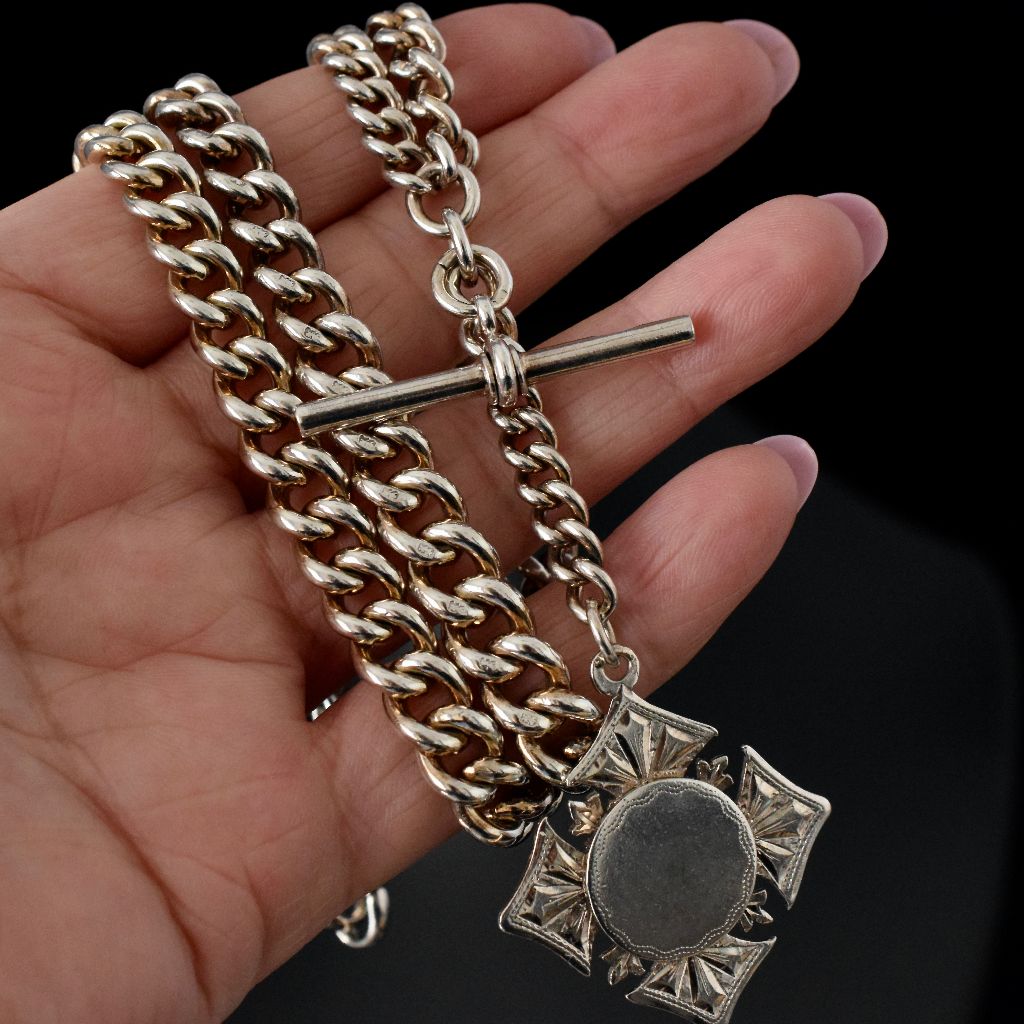 Antique Victorian Heavy 88.37g Sterling Silver Double Albert Chain 1900