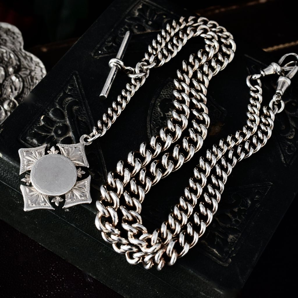 Antique Victorian Heavy 88.37g Sterling Silver Double Albert Chain 1900