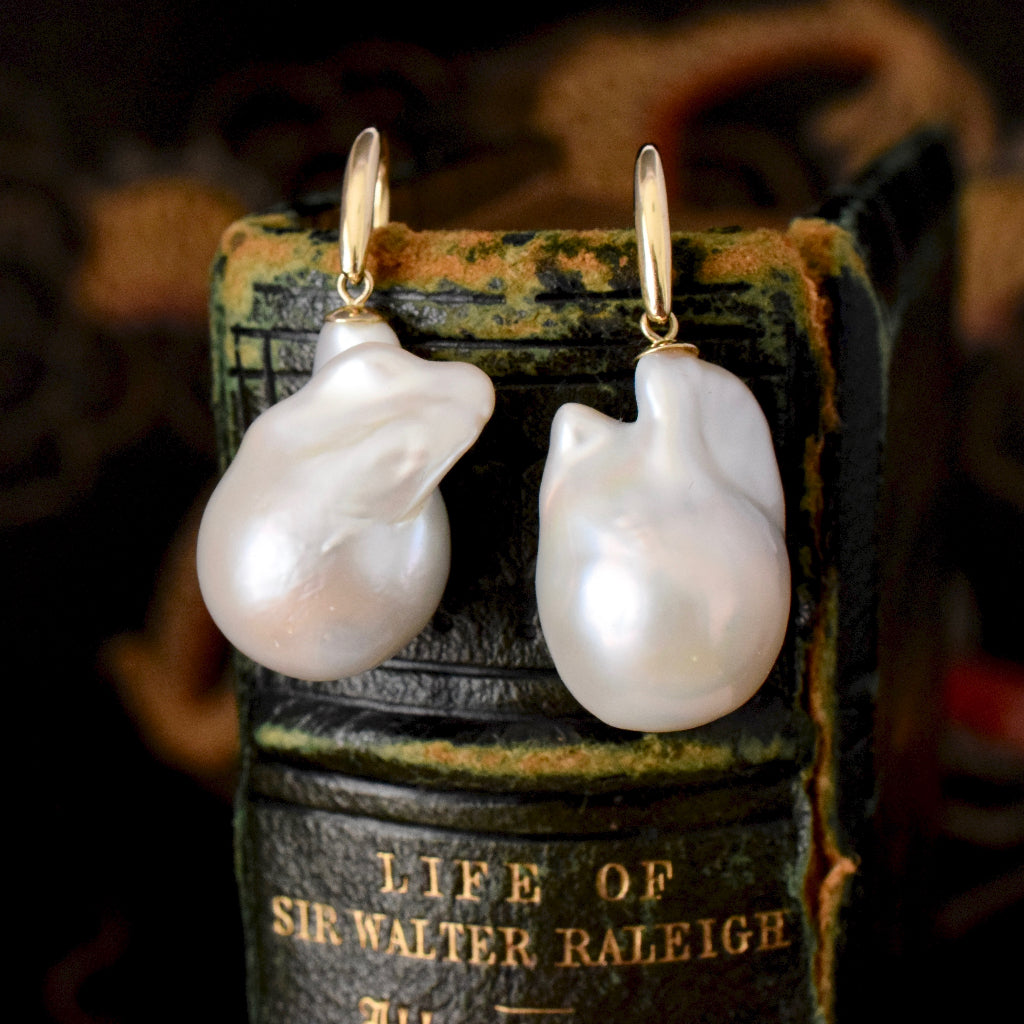 Very Large Modern Baroque Pearl 9ct Gold Earrings