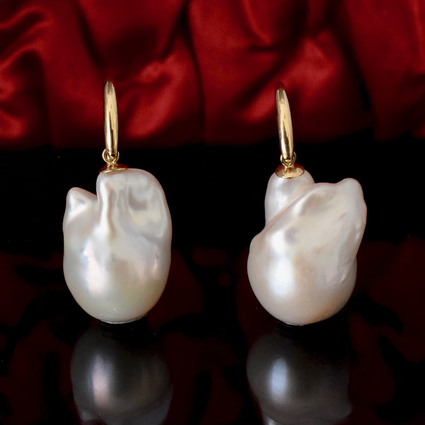 Very Large Modern Baroque Pearl 9ct Gold Earrings