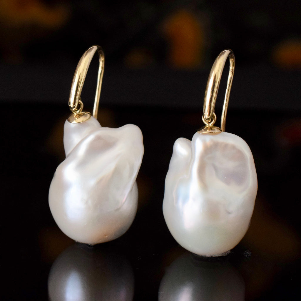 Very Large Modern Baroque Pearl 9ct Gold Earrings