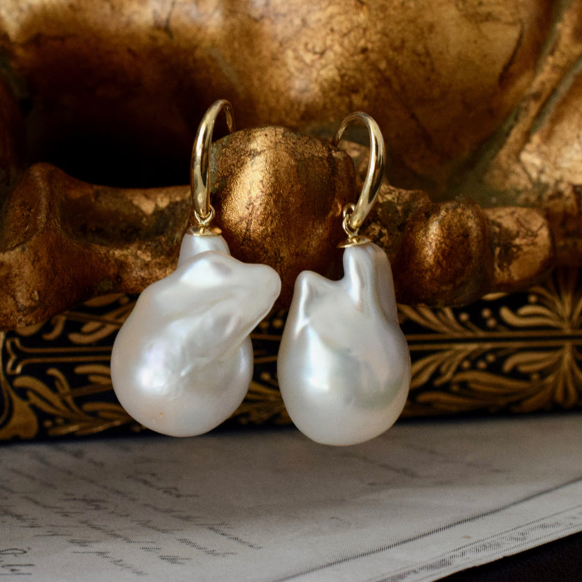 Very Large Modern Baroque Pearl 9ct Gold Earrings