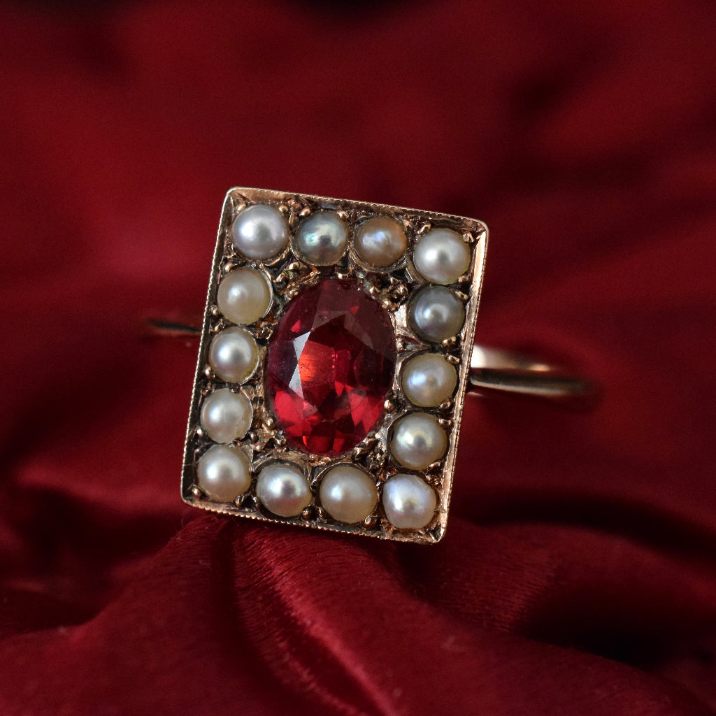 Edwardian 15ct Rose Gold Red Quartz Natural Seed Pearl Ring