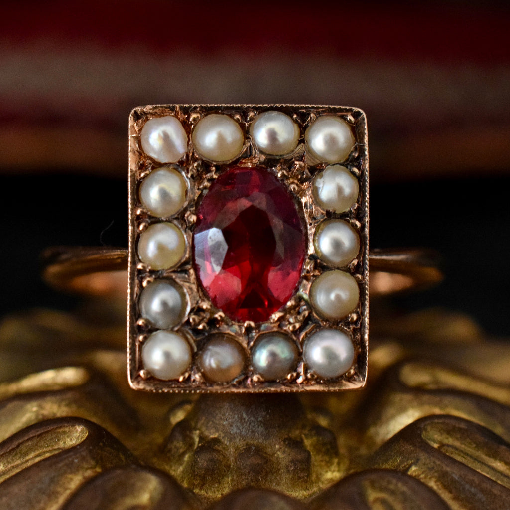 Edwardian 15ct Rose Gold Red Quartz Natural Seed Pearl Ring