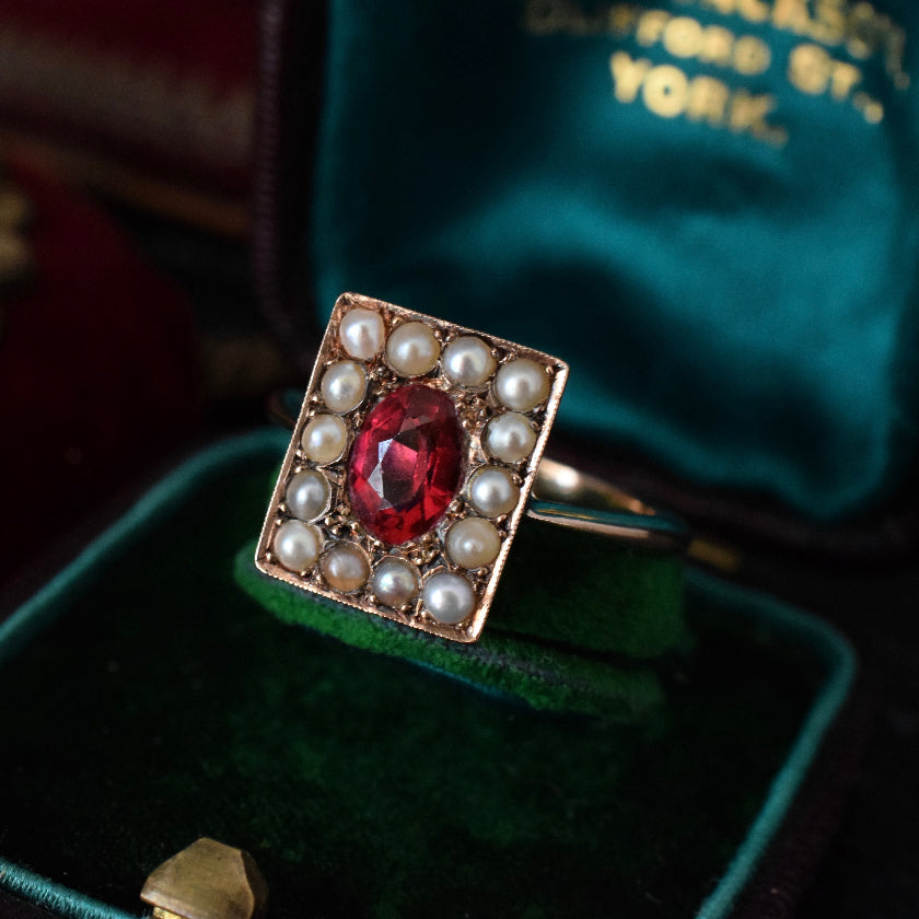 Edwardian 15ct Rose Gold Red Quartz Natural Seed Pearl Ring