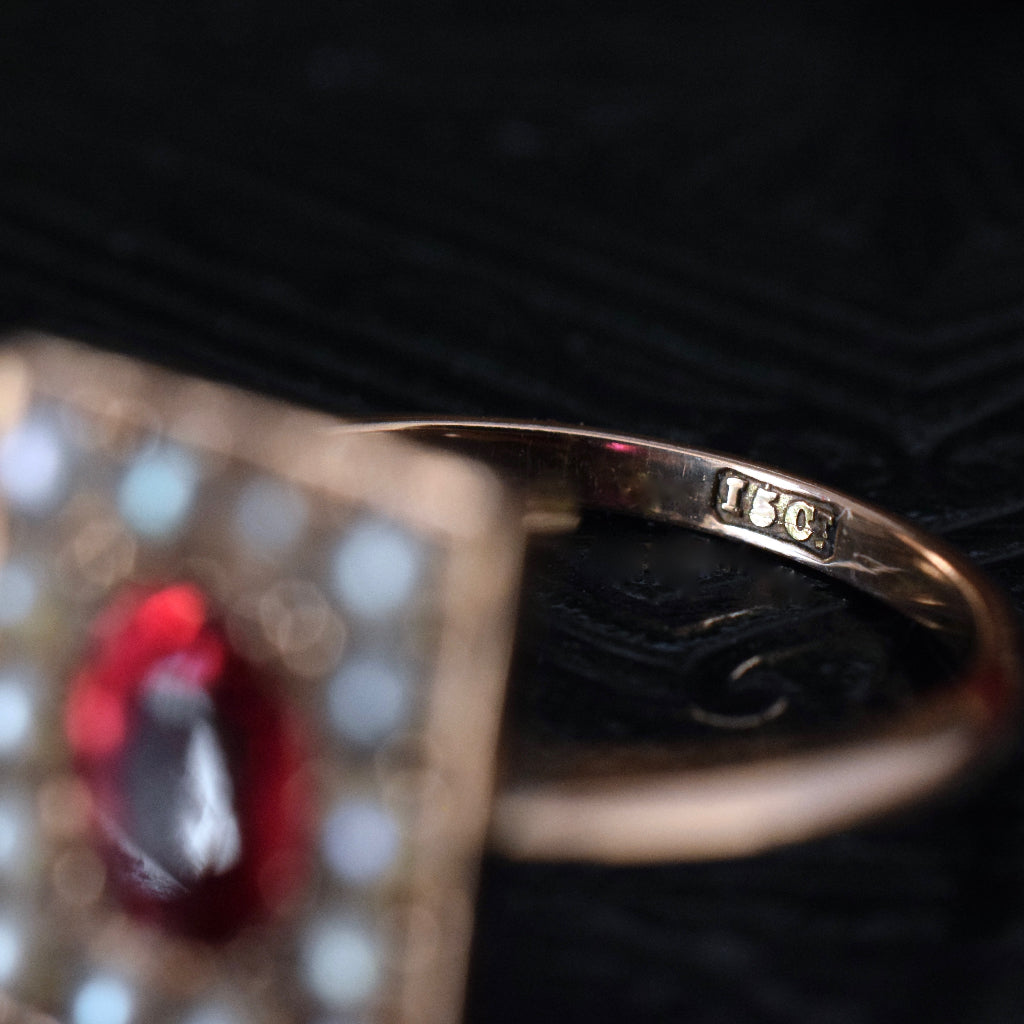 Edwardian 15ct Rose Gold Red Quartz Natural Seed Pearl Ring