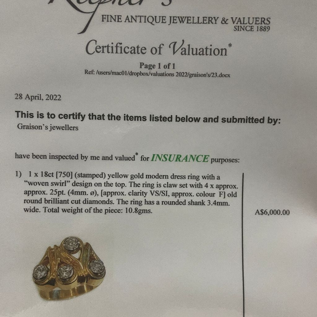 Modern 18ct Yellow Gold Diamond Ring 1.00ct Valuation Included In Purchase For $6,000