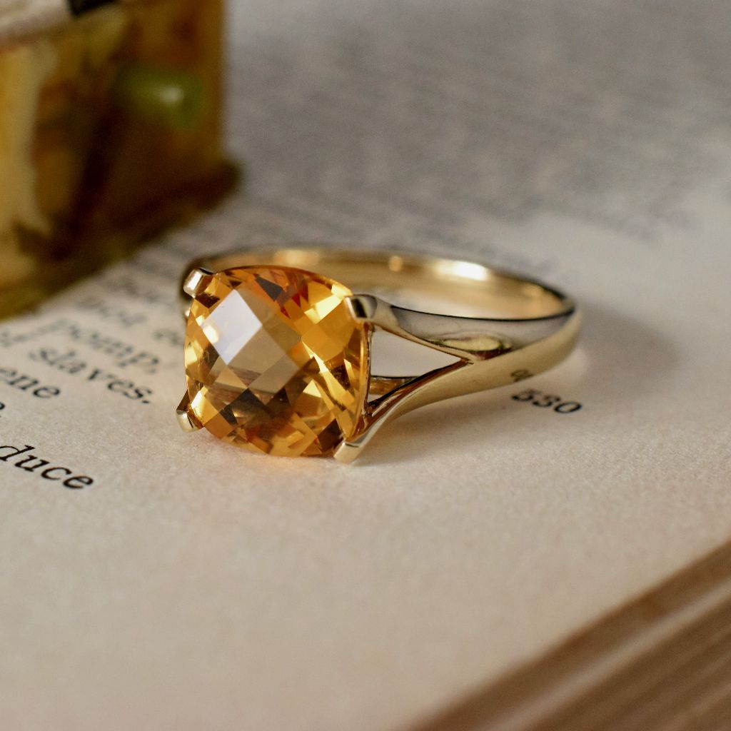 Modern 9ct Yellow Gold ‘Checkerboard’ Citrine Ring