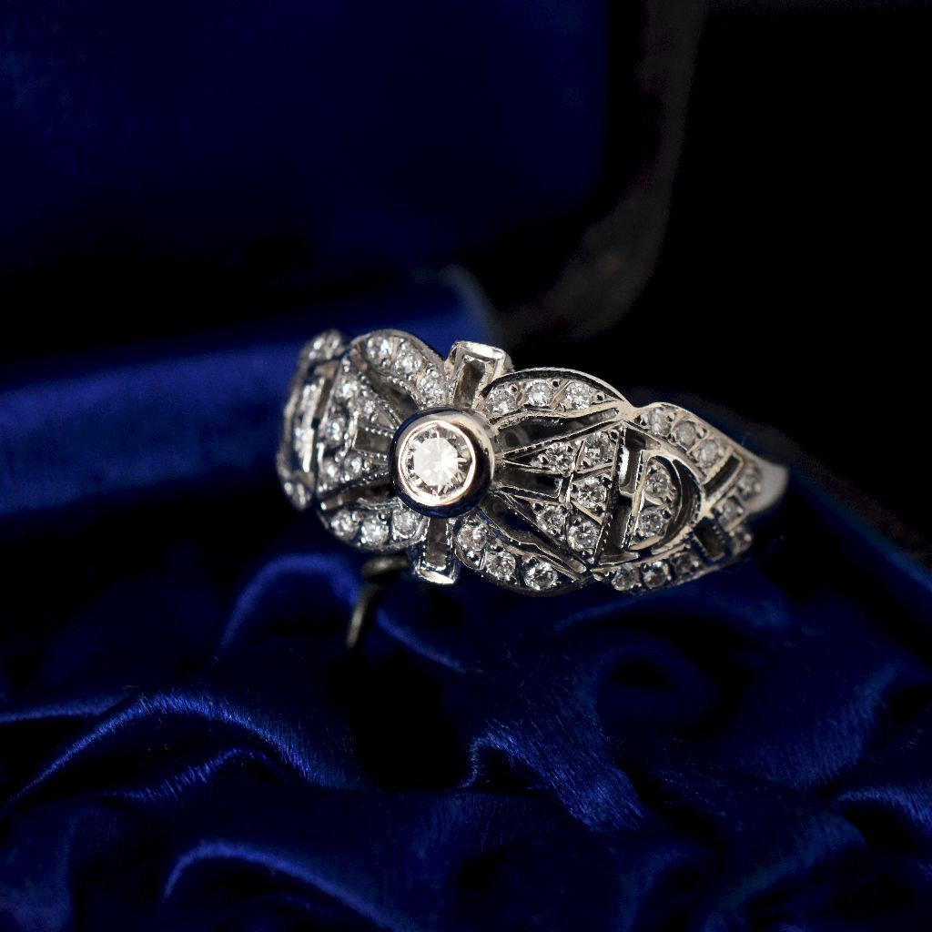 Vintage 18ct White Gold Diamond Art Deco Style Plaque Ring 7.45 Grams