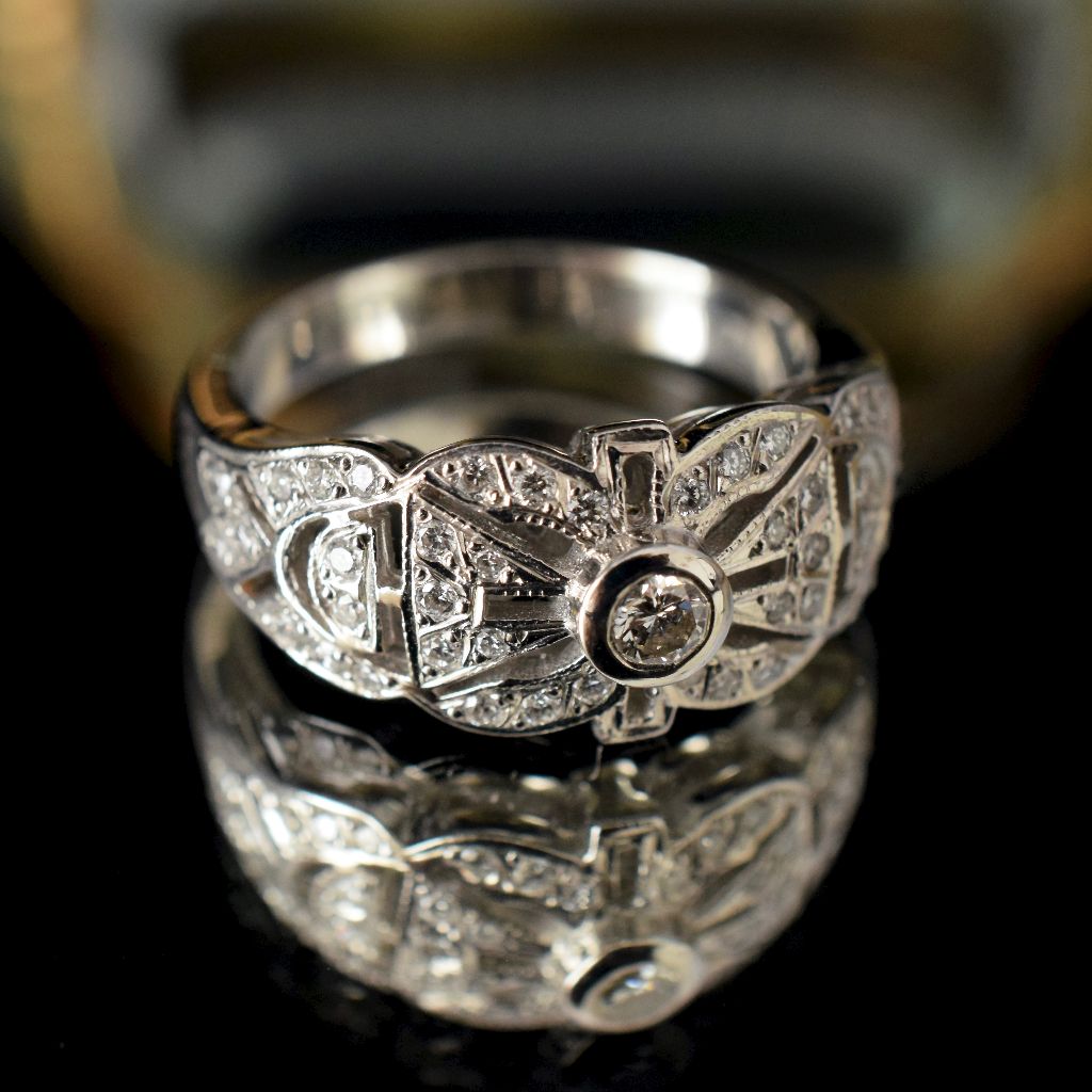 Vintage 18ct White Gold Diamond Art Deco Style Plaque Ring 7.45 Grams