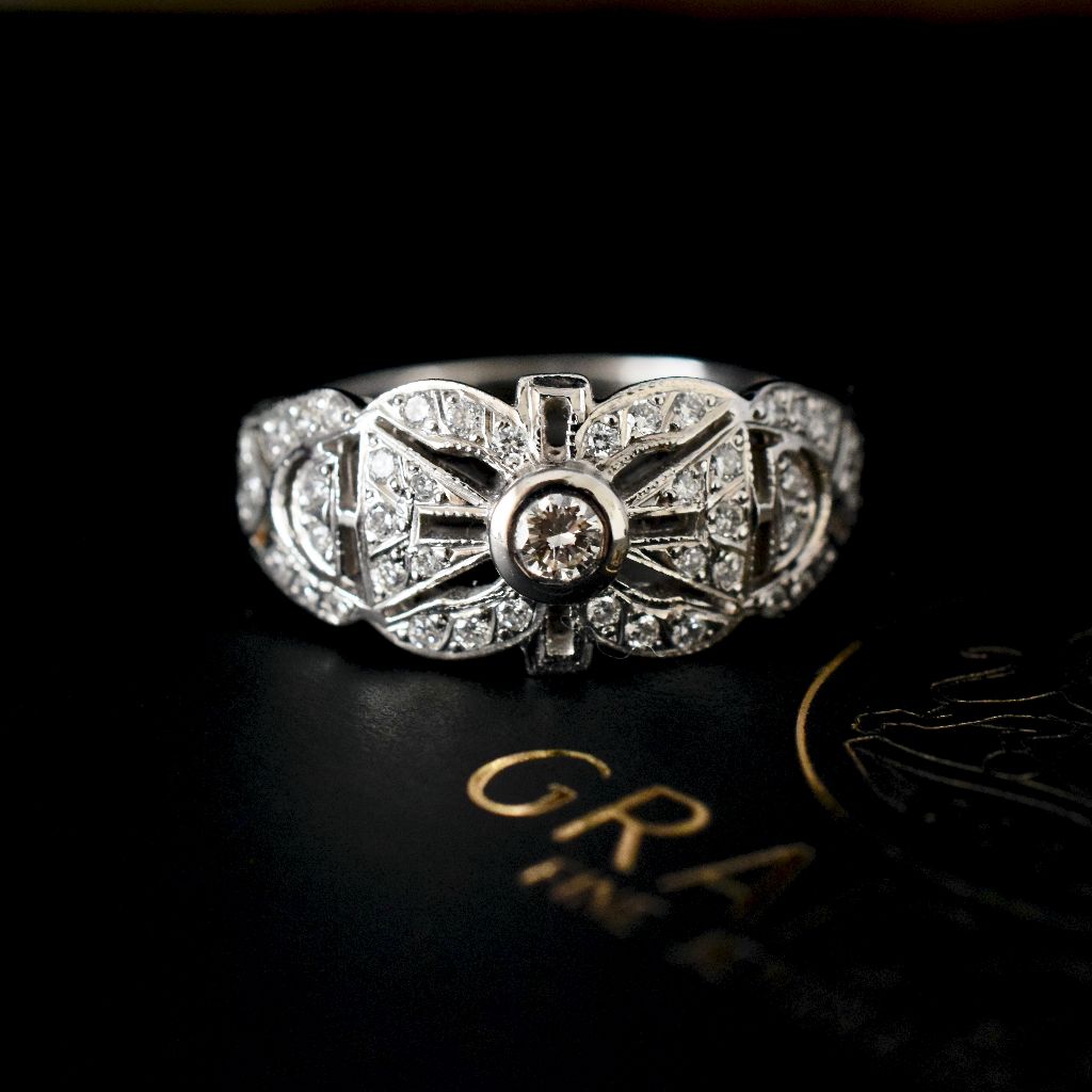 Vintage 18ct White Gold Diamond Art Deco Style Plaque Ring 7.45 Grams