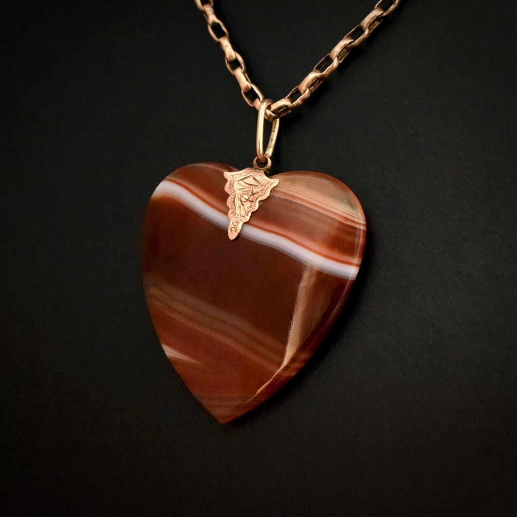 Victorian 9ct Rose Gold Carved Banded Agate Heart Pendant Circa 1890