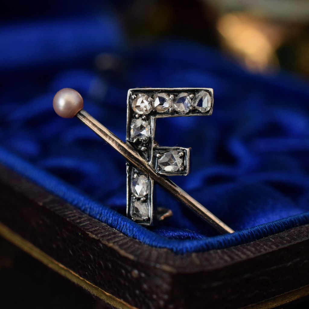Victorian 15ct Gold And Silver Rose-Cut Diamond ‘F’ Brooch