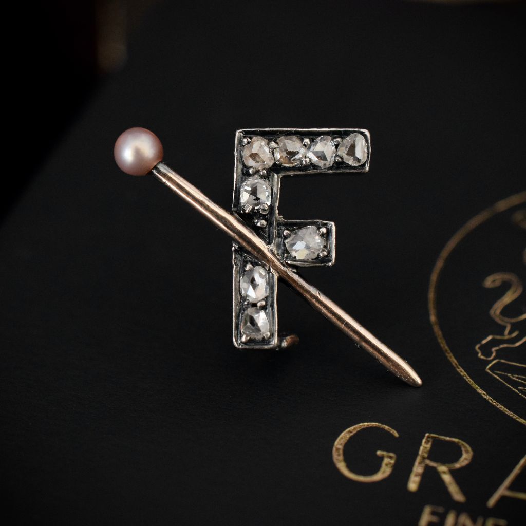 Victorian 15ct Gold And Silver Rose-Cut Diamond ‘F’ Brooch