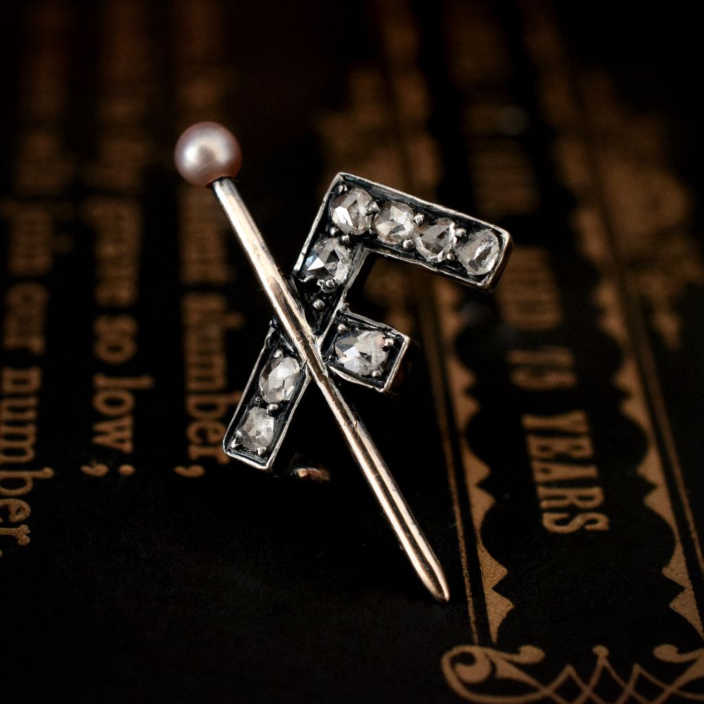 Victorian 15ct Gold And Silver Rose-Cut Diamond ‘F’ Brooch