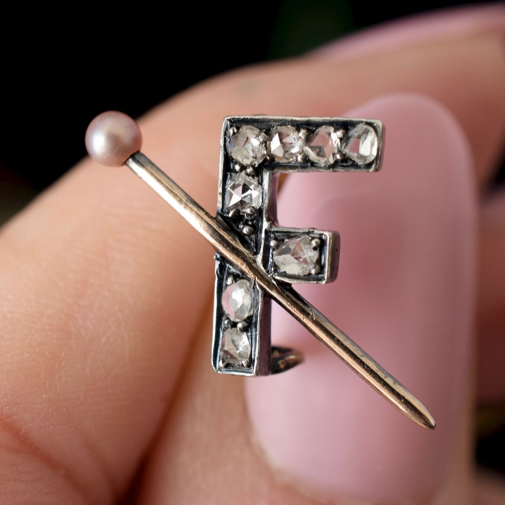 Victorian 15ct Gold And Silver Rose-Cut Diamond ‘F’ Brooch