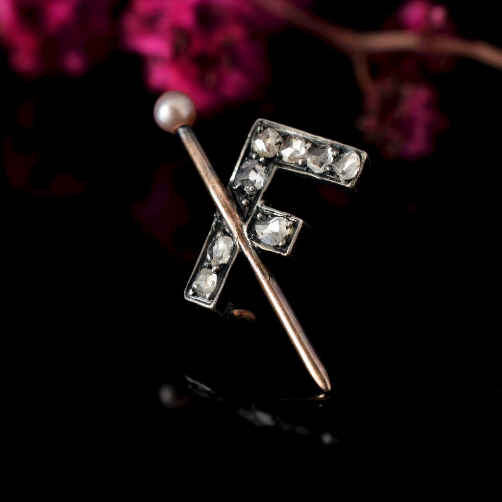Victorian 15ct Gold And Silver Rose-Cut Diamond ‘F’ Brooch