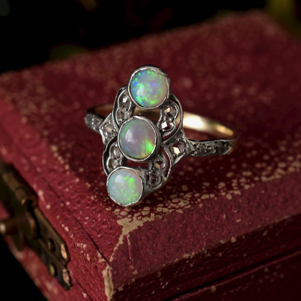Antique Belle Epoque 18ct Gold Opal Rose-Cut Diamond Ring
