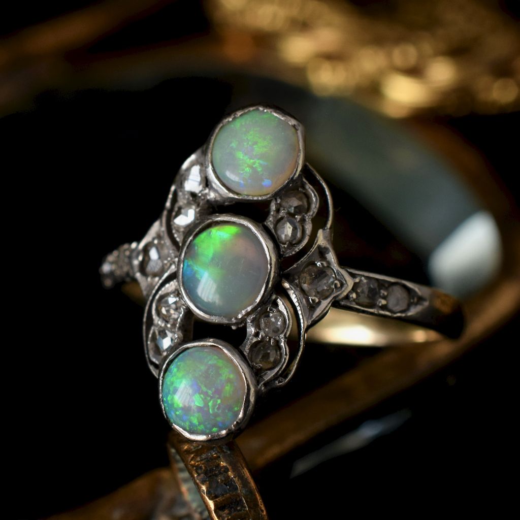 Antique Belle Epoque 18ct Gold Opal Rose-Cut Diamond Ring
