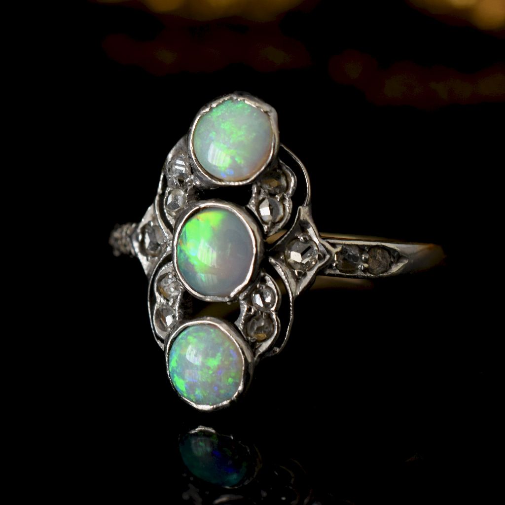 Antique Belle Epoque 18ct Gold Opal Rose-Cut Diamond Ring