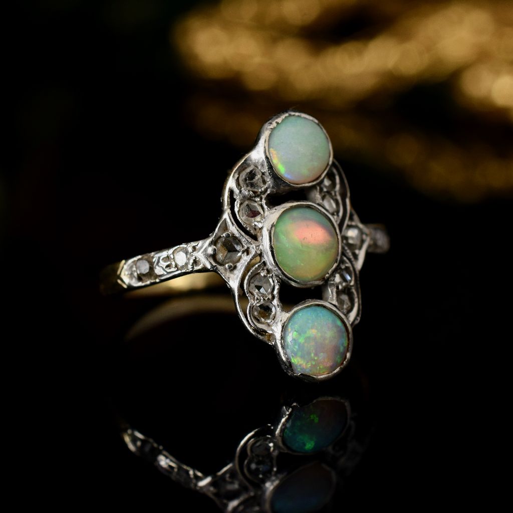 Antique Belle Epoque 18ct Gold Opal Rose-Cut Diamond Ring