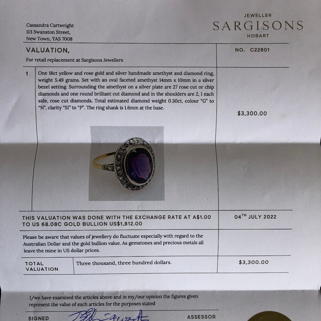 Vintage 18ct Yellow Gold Amethyst Rose Cut Diamond Halo Ring circa 1940 Independent Valuation Included In Purchase For $3,300 AUD