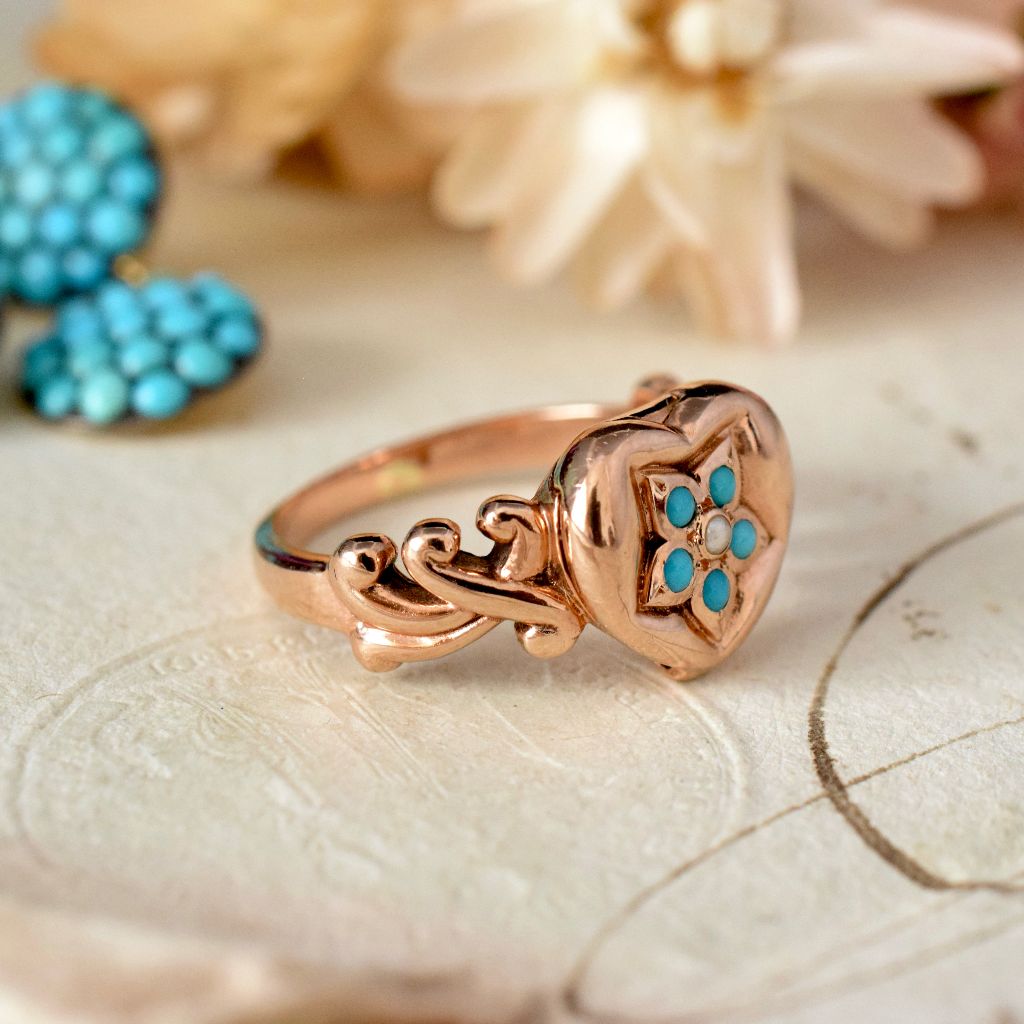 Modern / Vintage Heavy 9ct Gold Turquoise Seed Pearl Heart Locket Ring