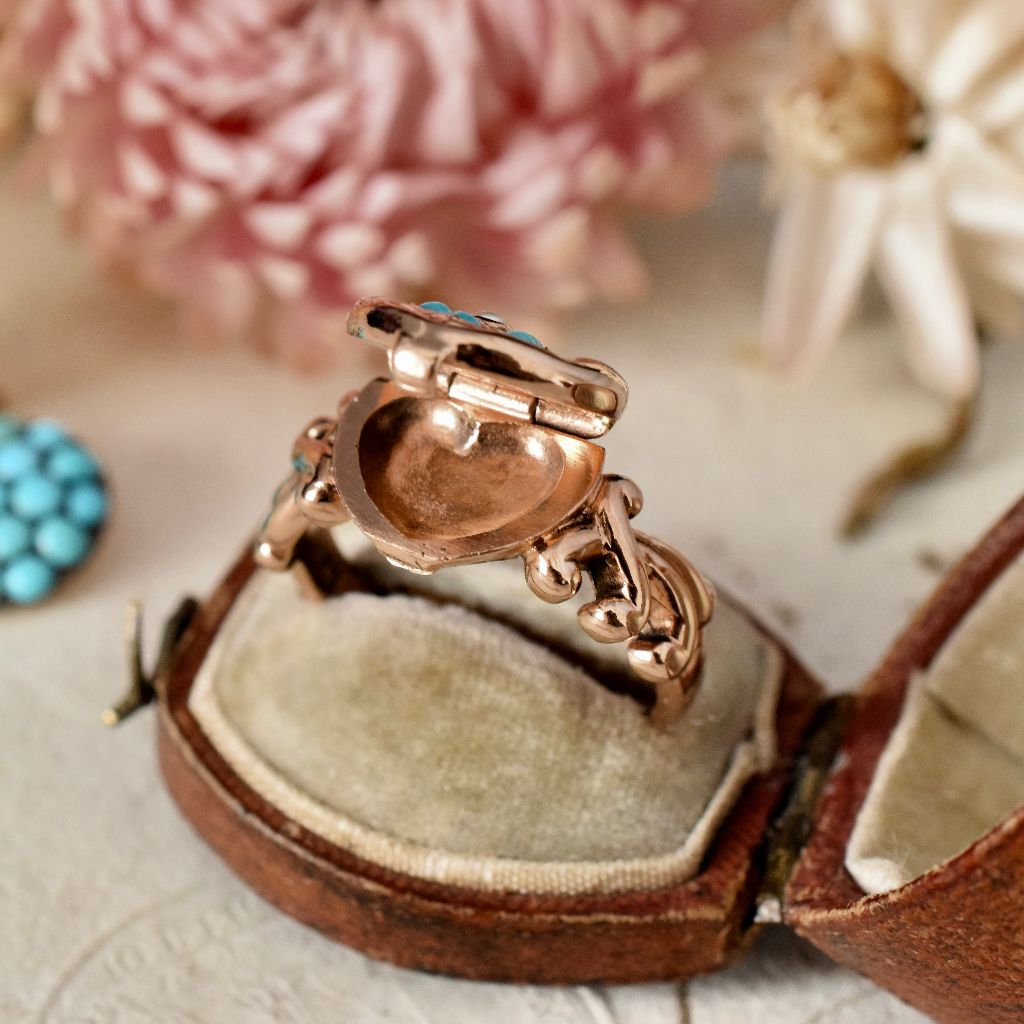 Modern / Vintage Heavy 9ct Gold Turquoise Seed Pearl Heart Locket Ring
