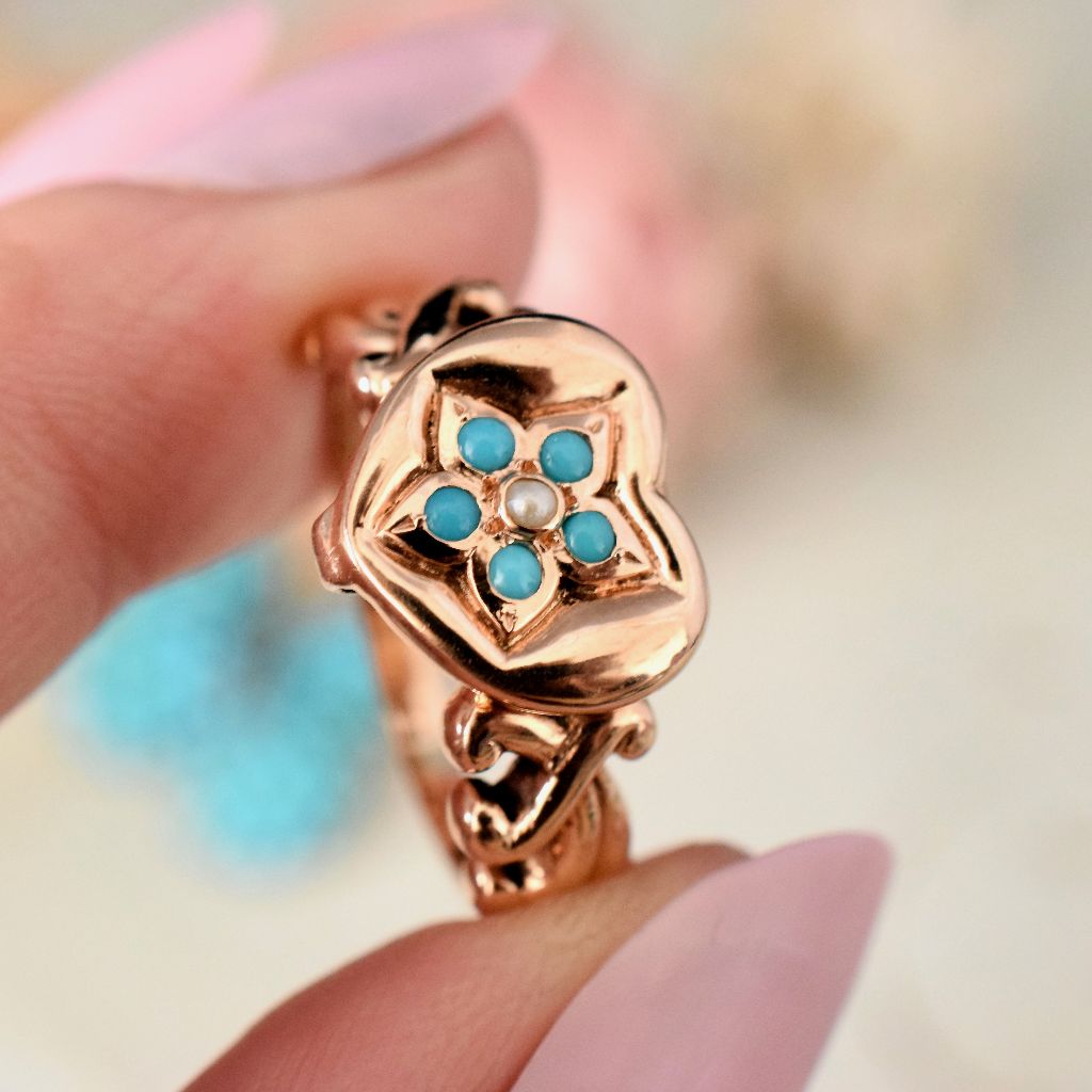 Modern / Vintage Heavy 9ct Gold Turquoise Seed Pearl Heart Locket Ring