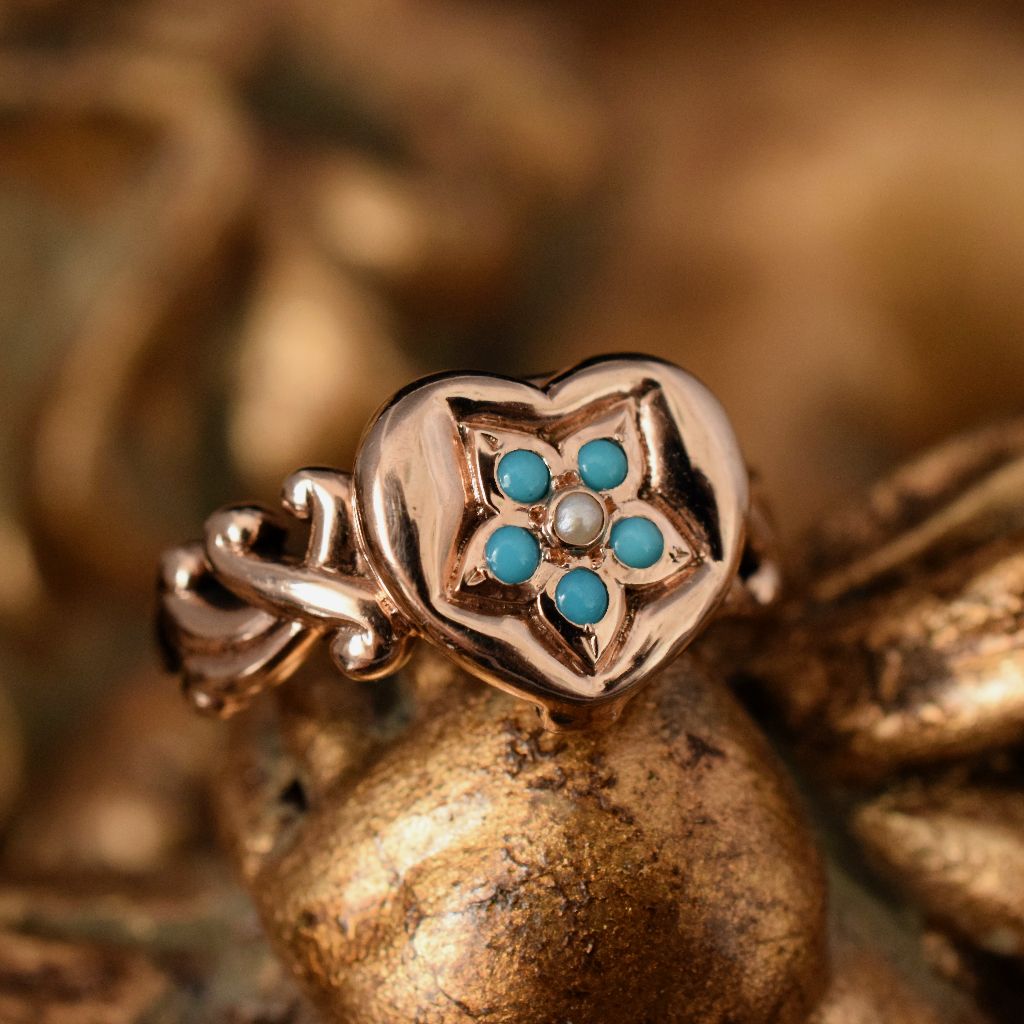 Modern / Vintage Heavy 9ct Gold Turquoise Seed Pearl Heart Locket Ring