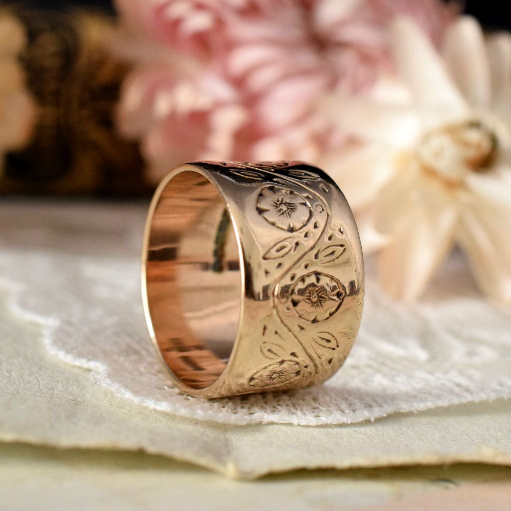 Vintage Heavy Wide 9ct Gold Floral Cigar Band By William Wilkinson Limited London 1969