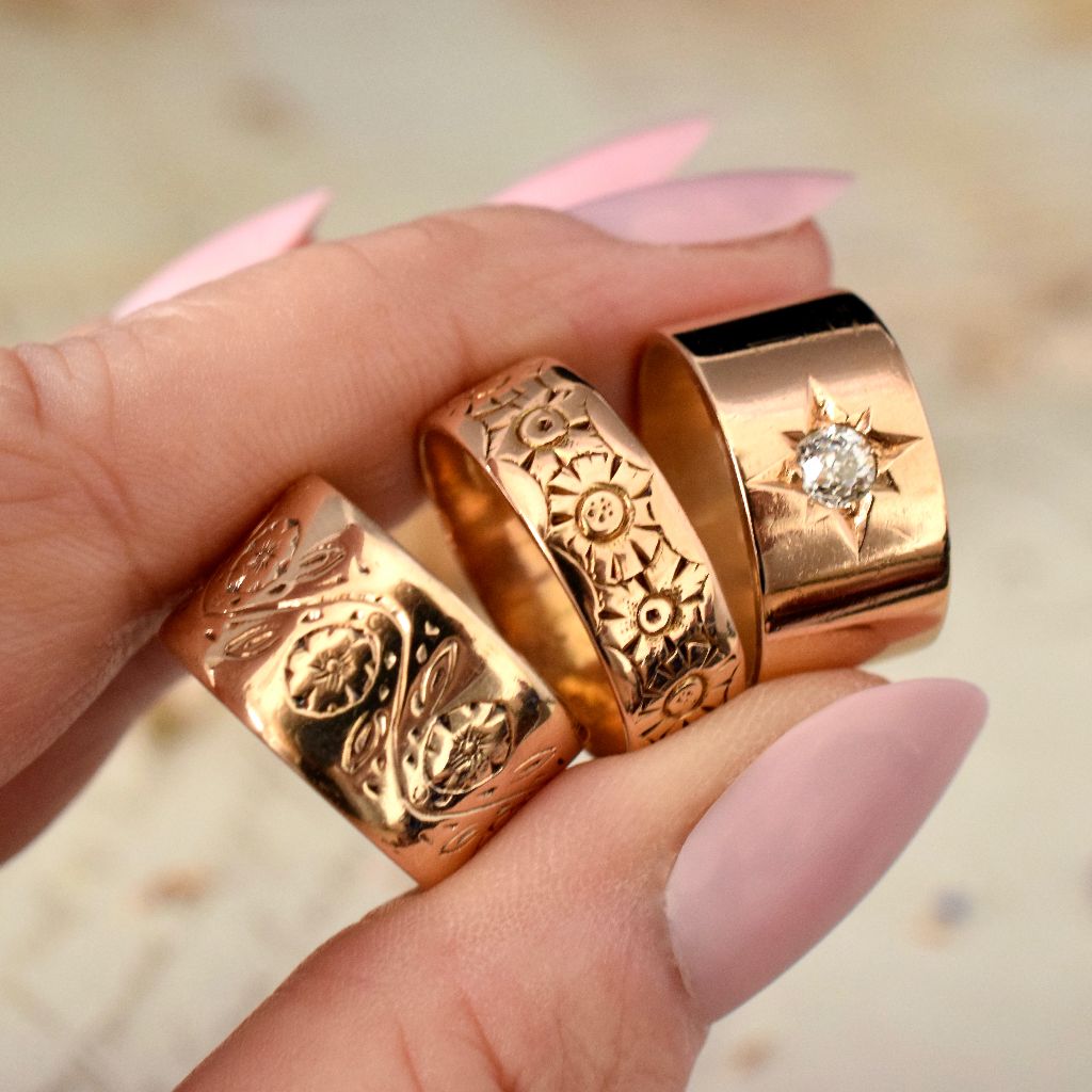Vintage Heavy Wide 9ct Gold Floral Cigar Band By William Wilkinson Limited London 1969