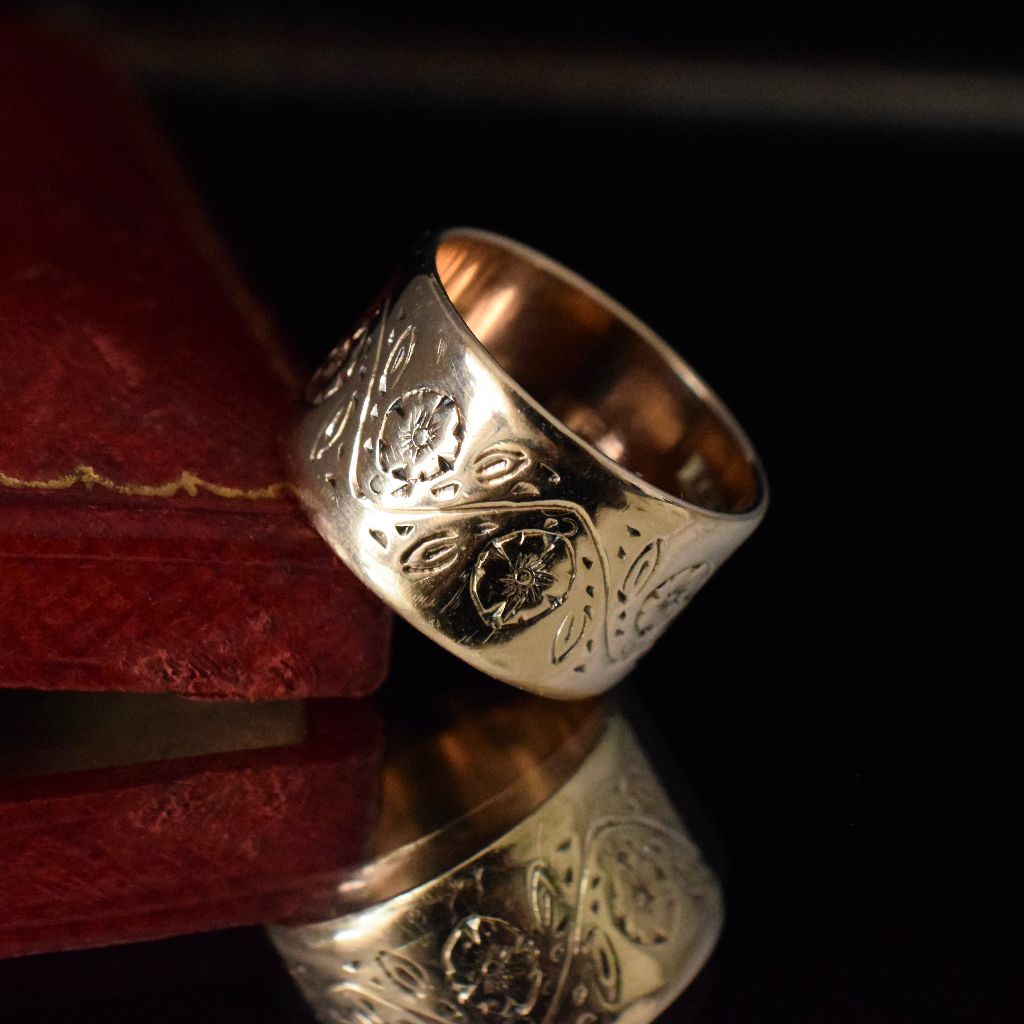 Vintage Heavy Wide 9ct Gold Floral Cigar Band By William Wilkinson Limited London 1969