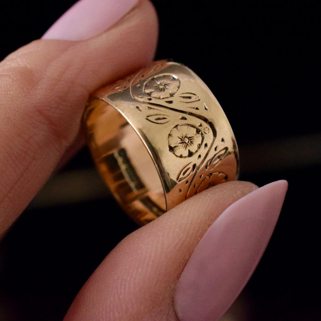 Vintage Heavy Wide 9ct Gold Floral Cigar Band By William Wilkinson Limited London 1969
