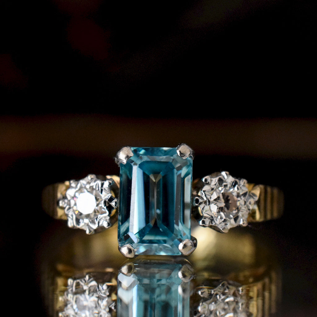Late Art Deco Natural Blue Zircon And Diamond 18ct Yellow Gold Ring