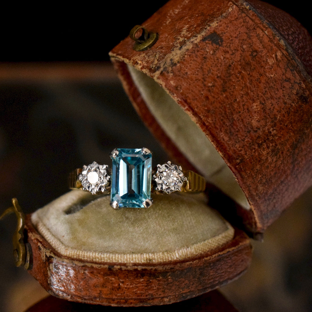 Late Art Deco Natural Blue Zircon And Diamond 18ct Yellow Gold Ring