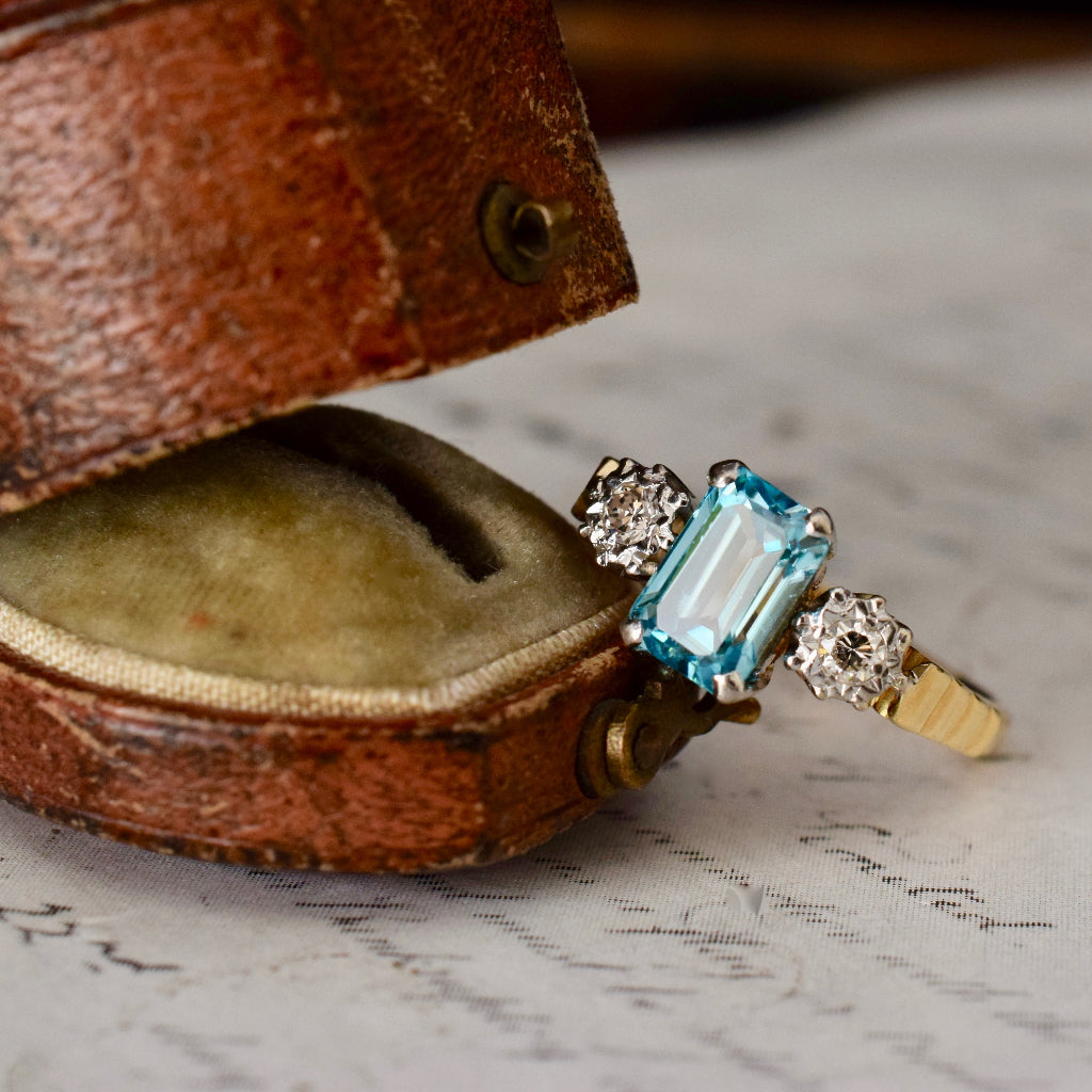 Late Art Deco Natural Blue Zircon And Diamond 18ct Yellow Gold Ring