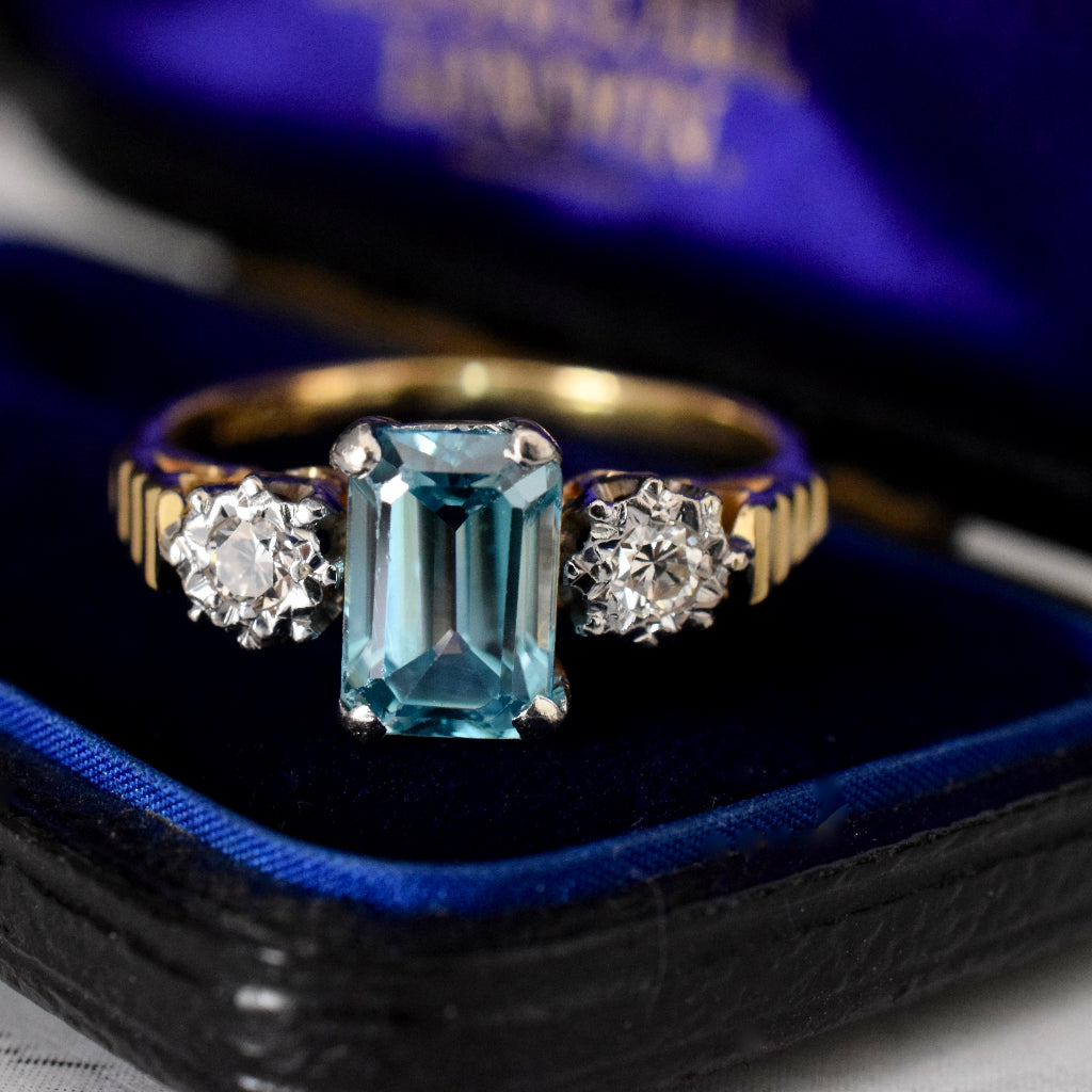 Late Art Deco Natural Blue Zircon And Diamond 18ct Yellow Gold Ring