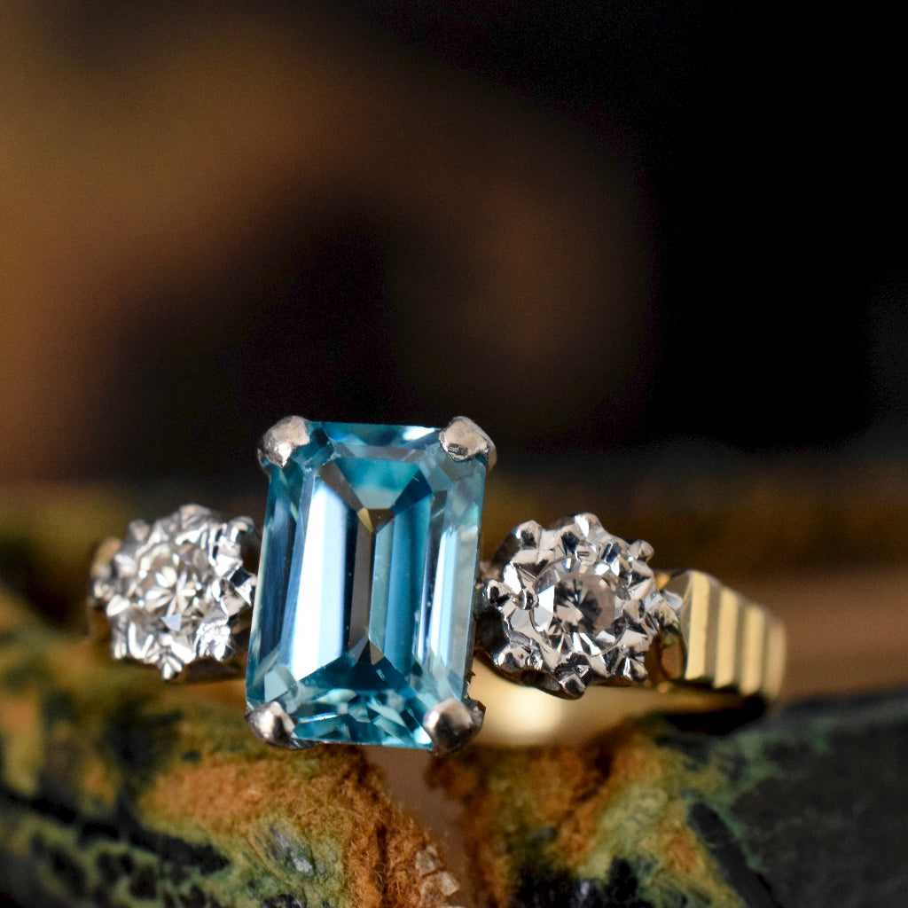 Late Art Deco Natural Blue Zircon And Diamond 18ct Yellow Gold Ring