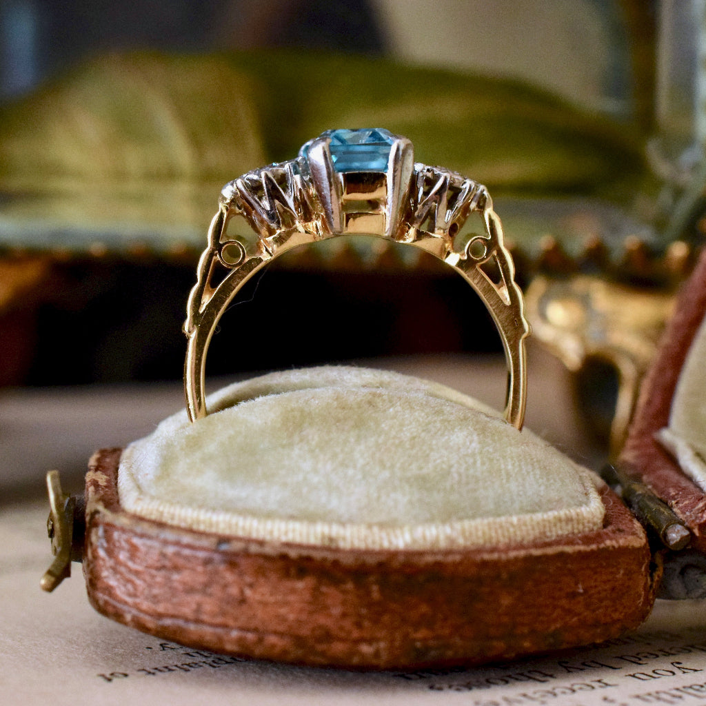 Late Art Deco Natural Blue Zircon And Diamond 18ct Yellow Gold Ring