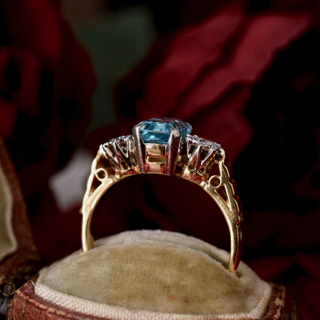 Late Art Deco Natural Blue Zircon And Diamond 18ct Yellow Gold Ring