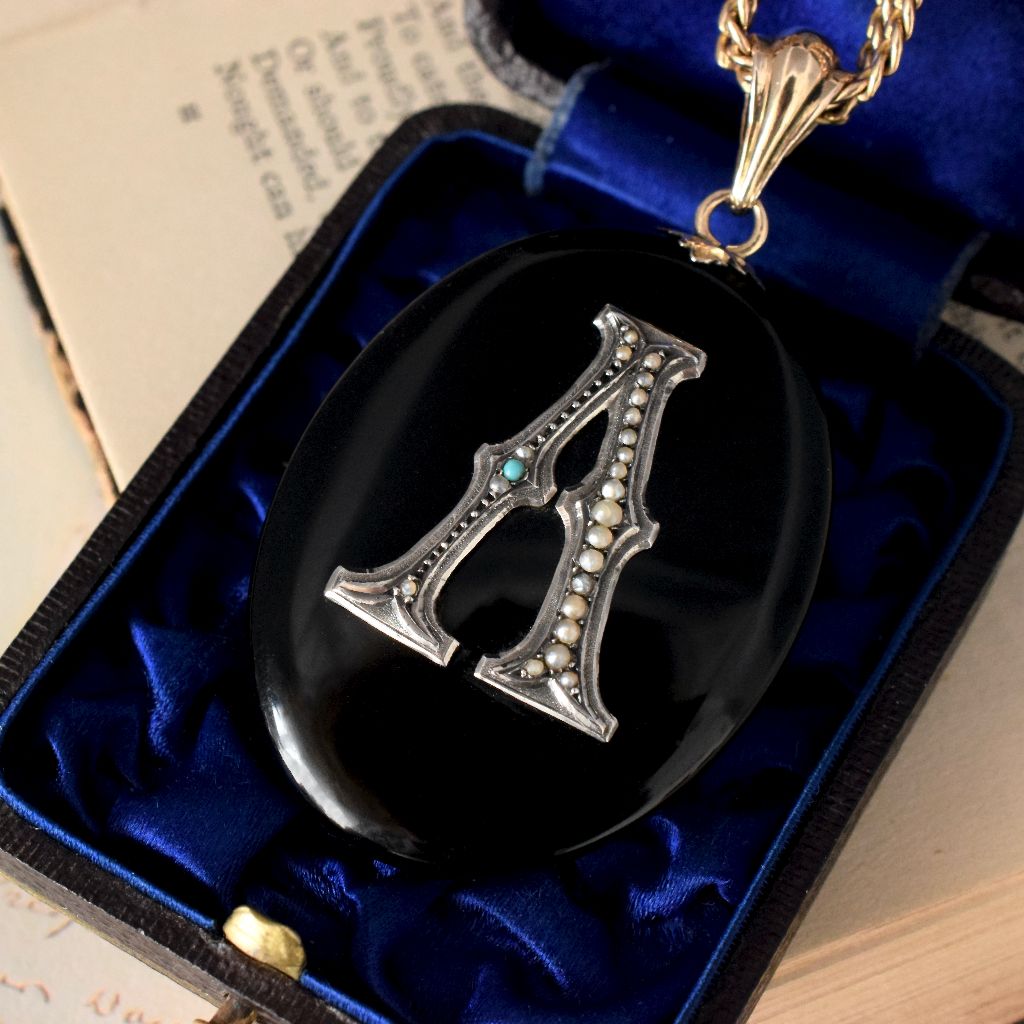 Victorian Mourning Locket Enamel, 15ct Gold, Silver, Seed Pearl, Turquoise circa 1890