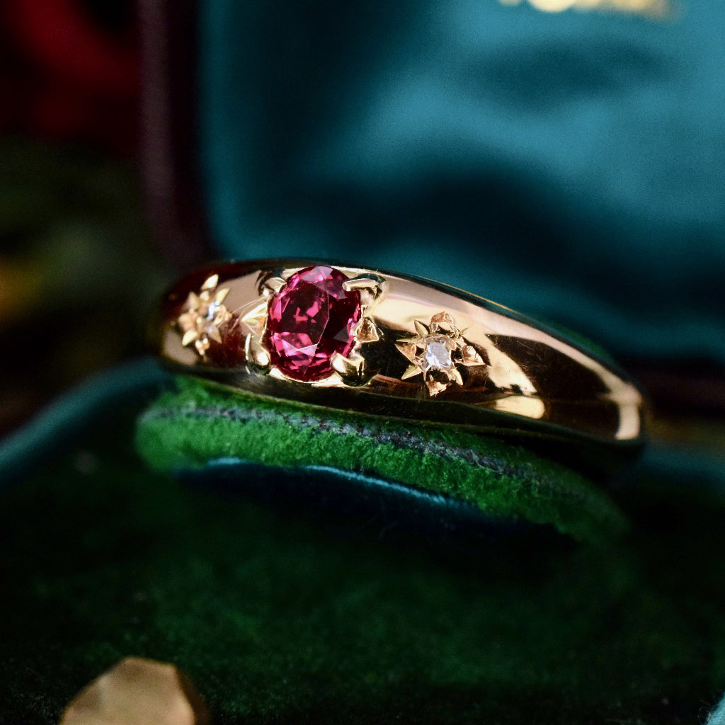 Vintage 18ct Yellow Gold Natural Ruby And Diamond Gypsy Ring